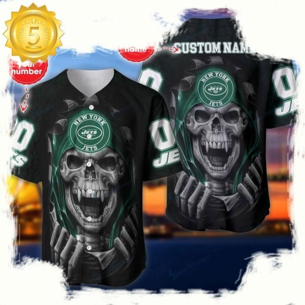 NFL Custom Name Number New York Jets Skull Baseball Jersey Shirt - available at - rugbyfanstore.com