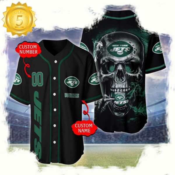 NFL Custom Name Number New York Jets Skull Face Baseball Jersey Shirt - available at - rugbyfanstore.com