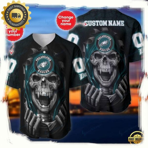 NFL Custom Name Number Philadelphia Eagles Skull Baseball Jersey Shirt - available at - rugbyfanstore.com