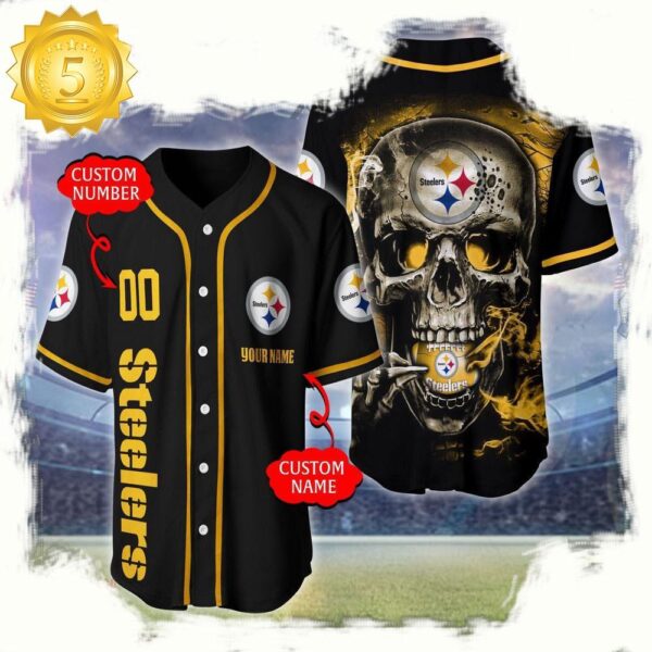 NFL Custom Name Number Pittsburgh Steelers Skull Face Baseball Jersey Shirt - available at - rugbyfanstore.com