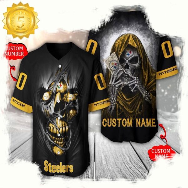 NFL Custom Name Number Pittsburgh Steelers Team Skull Death Baseball Jersey Shirt - available at - rugbyfanstore.com