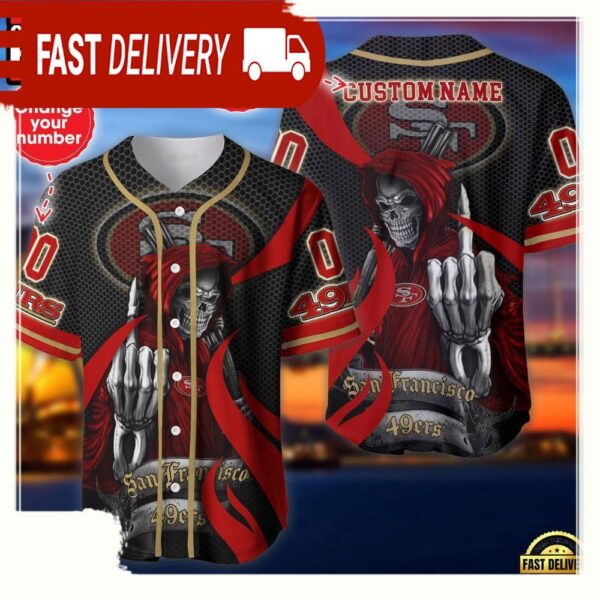 NFL Custom Name Number San Francisco 49ers Skull Death Baseball Jersey Shirt - available at - rugbyfanstore.com