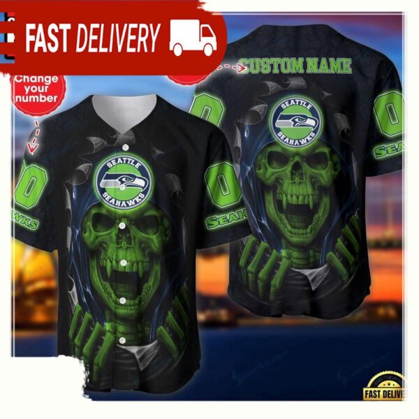 NFL Custom Name Number Seattle Seahawks Skull Baseball Jersey Shirt - available at - rugbyfanstore.com