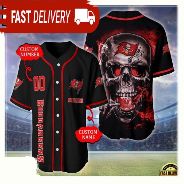 NFL Custom Name Number Tampa Bay Buccaneers Skull Face Baseball Jersey Shirt - available at - rugbyfanstore.com