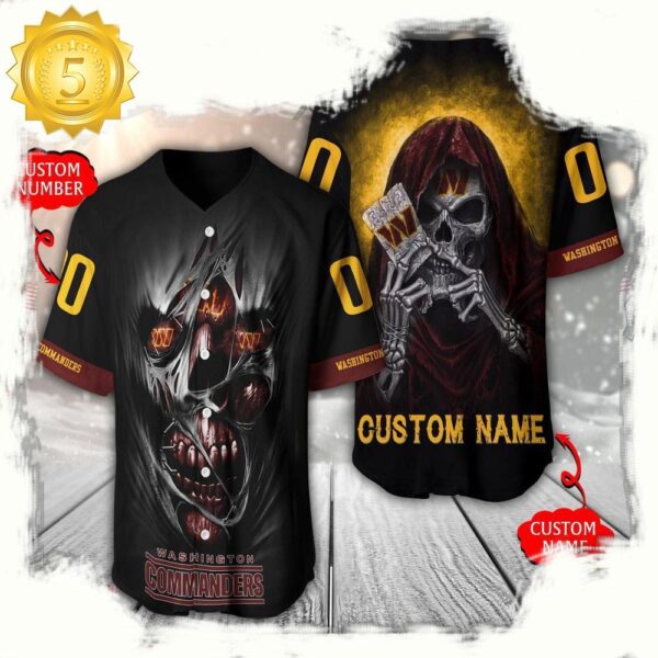 NFL Custom Name Number Washington Commanders Team Skull Death Baseball Jersey Shirt - available at - rugbyfanstore.com