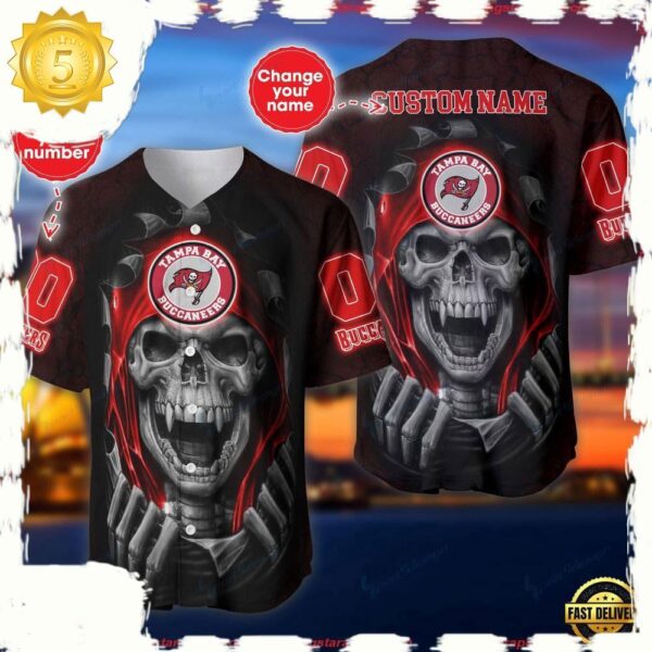 NFL Custom Name NumberTampa Bay Buccaneers Skull Baseball Jersey Shirt - available at - rugbyfanstore.com