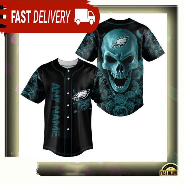 NFL Custom Name Philadelphia Eagles Football Skull Baseball Jersey Shirt - available at - rugbyfanstore.com