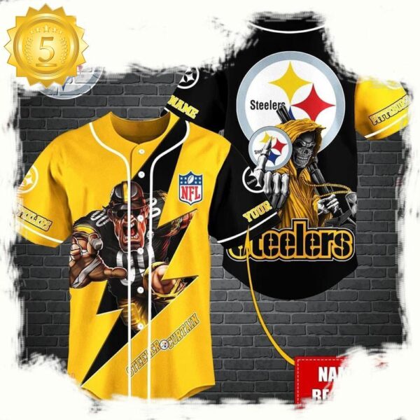 NFL Custom Name Pittsburgh Steelers Mascot And Skull New Design Baseball Jersey - available at - rugbyfanstore.com