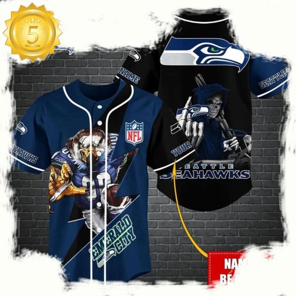 NFL Custom Name Seattle Seahawks Mascot And Skull New Design Baseball Jersey - available at - rugbyfanstore.com