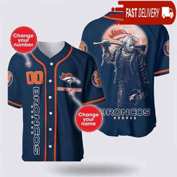 NFL Denver Broncos Jason Voorhees Custom Name Baseball Jersey 3D Horror Shirt - available at - rugbyfanstore.com