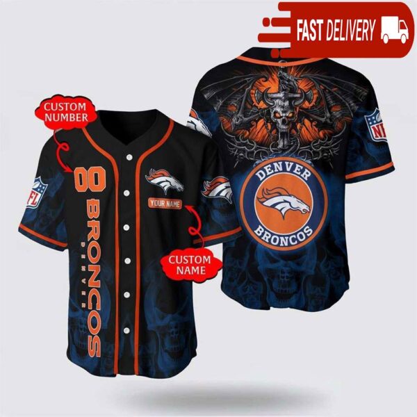 NFL Denver Broncos Personalized Baseball Jersey with Name and Number - available at - rugbyfanstore.com