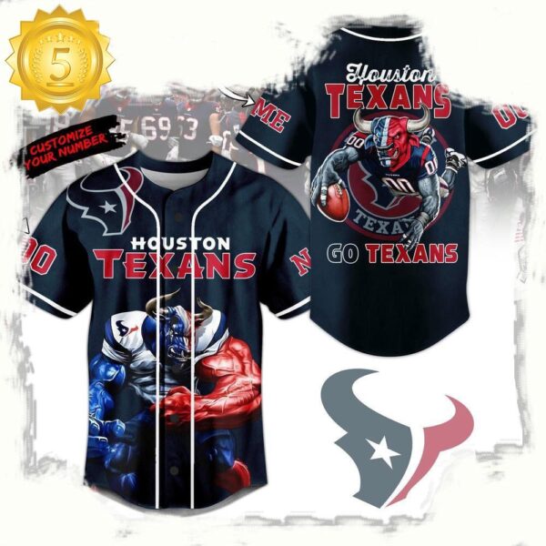 NFL Houston Texans Mascot Go Texans Custom Name Number Baseball Jersey - available at - rugbyfanstore.com