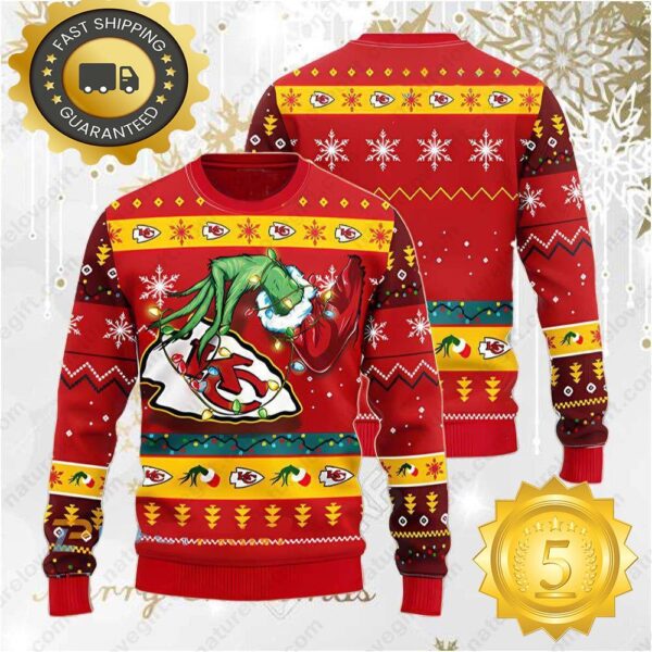 NFL Kansas City Chiefs Grinch Hand Christmas Ugly Sweater - available at - rugbyfanstore.com