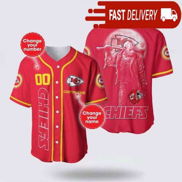 NFL Kansas City Chiefs Jason Voorhees Custom Name Baseball Jersey 3D Horror Shirt - available at - rugbyfanstore.com