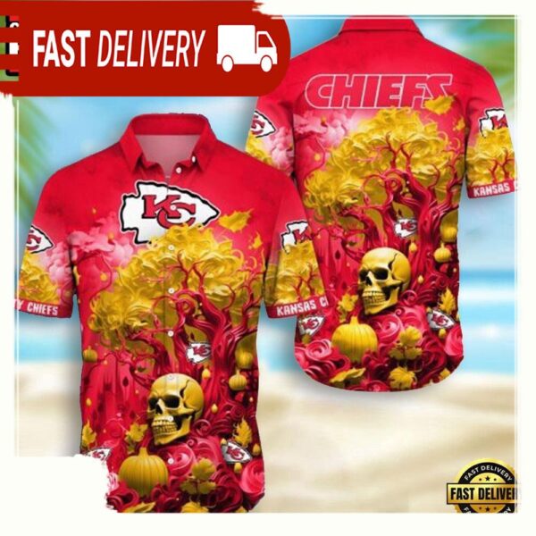 NFL Kansas City Chiefs Skull Pumpkin Hawaiian Shirt For Men Women - available at - rugbyfanstore.com