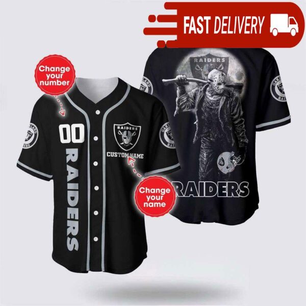 NFL Las Vegas Raiders Jason Voorhees Custom Name Baseball Jersey 3D Horror Shirt - available at - rugbyfanstore.com