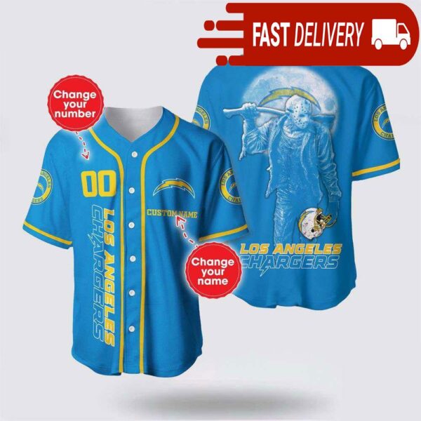 NFL Los Angeles Chargers Jason Voorhees Custom Name Baseball Jersey 3D Horror Shirt - available at - rugbyfanstore.com