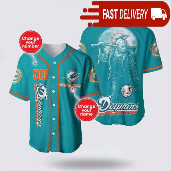 NFL Miami Dolphins Jason Voorhees Custom Name Baseball Jersey 3D Horror Shirt - available at - rugbyfanstore.com