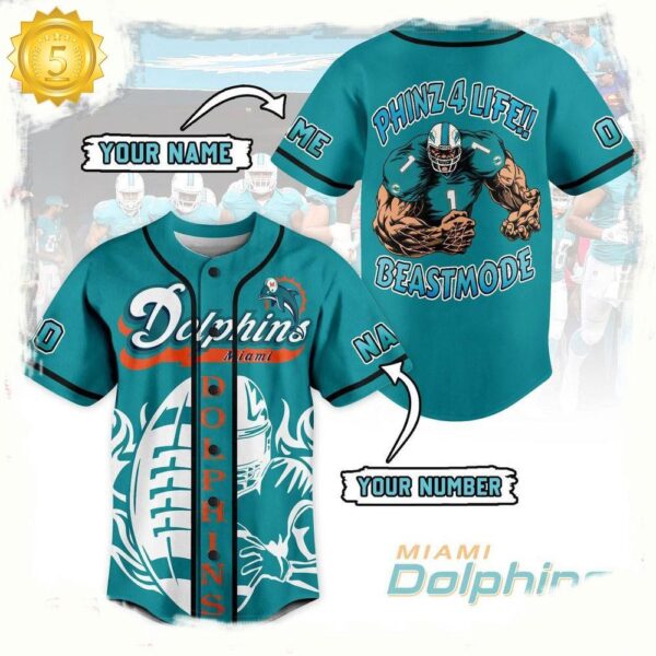 NFL Miami Dolphins Phinz 4 Life Beastmode Custom Name Number Baseball Jersey - available at - rugbyfanstore.com