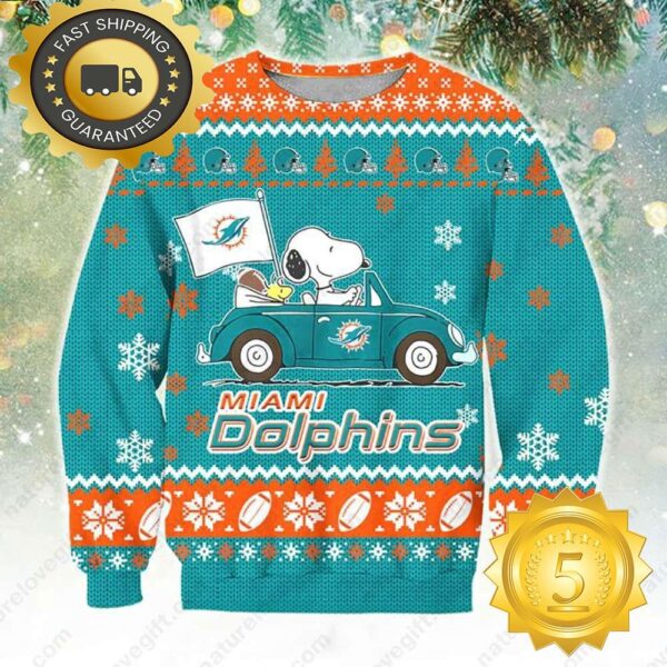 NFL Miami Dolphins Snoopy Peanuts Ugly Christmas Sweater - available at - rugbyfanstore.com