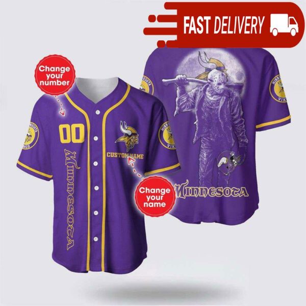 NFL Minnesota Vikings Jason Voorhees Custom Name Baseball Jersey 3D Horror Shirt - available at - rugbyfanstore.com