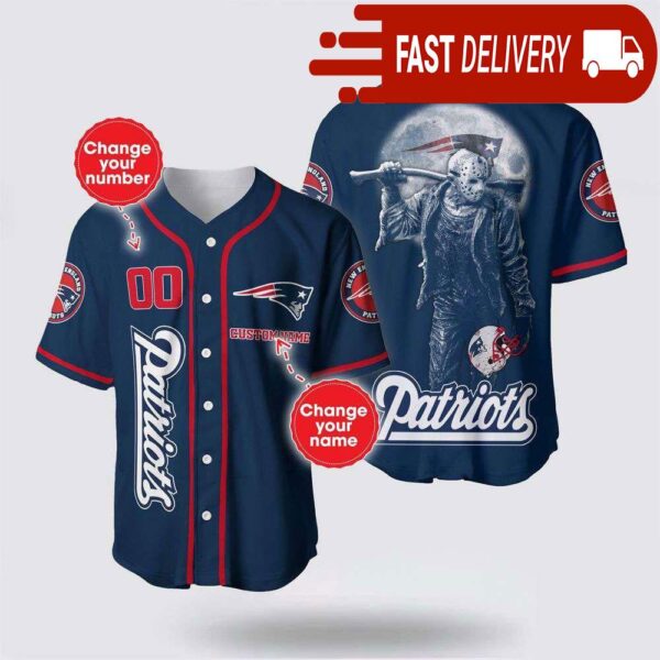 NFL New England Patriots Jason Voorhees Custom Name Baseball Jersey 3D Horror Shirt - available at - rugbyfanstore.com