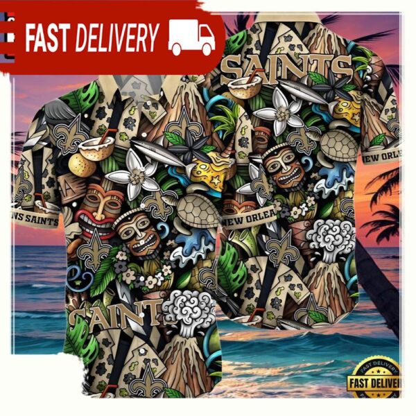 NFL New Orleans Saints Hawaiian Shirt Design Island Tiki - available at - rugbyfanstore.com