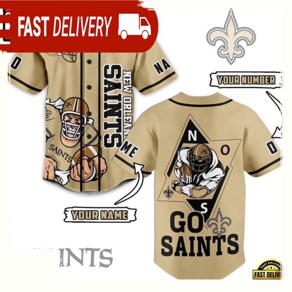 NFL New Orleans Saints Mascot Go Saints Custom Name Number Baseball Jersey - available at - rugbyfanstore.com