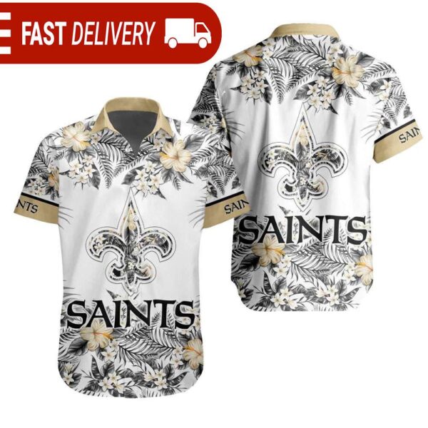 NFL New Orleans Saints Tropical Floral Hibiscus Hawaiian Shirt - available at - rugbyfanstore.com