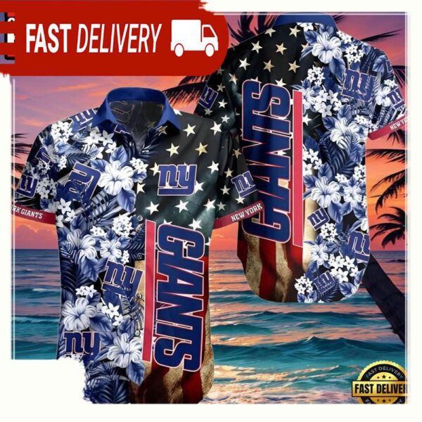 NFL New York Giants Hawaiian Shirt American Flag Flowers Design - available at - rugbyfanstore.com