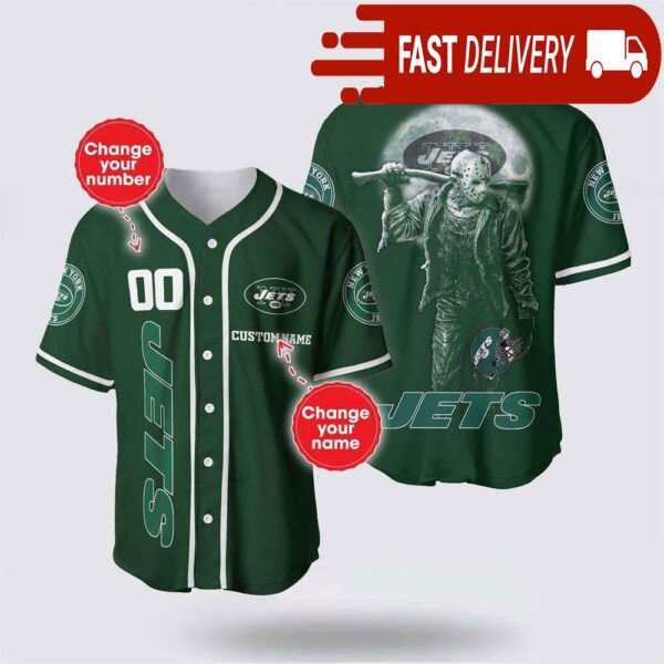 NFL New York Jets Jason Voorhees Custom Name Baseball Jersey 3D Horror Shirt - available at - rugbyfanstore.com