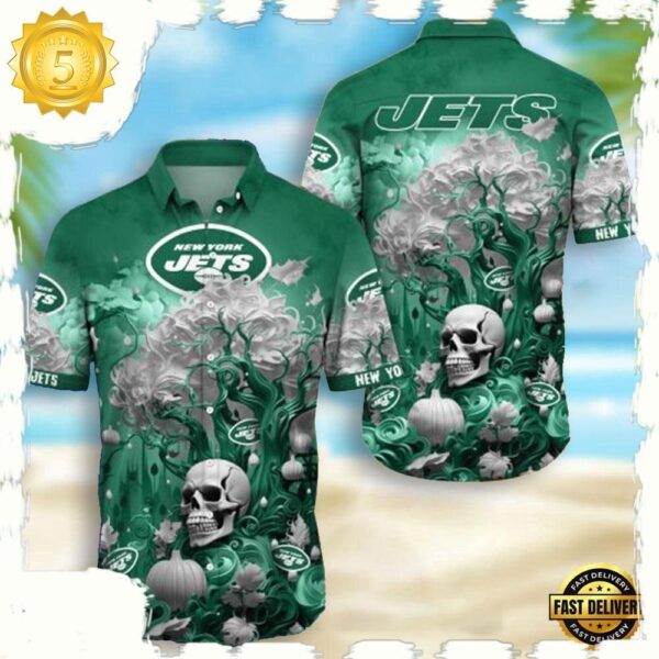 NFL New York Jets Skull Pumpkin Hawaiian Shirt For Men Women - available at - rugbyfanstore.com