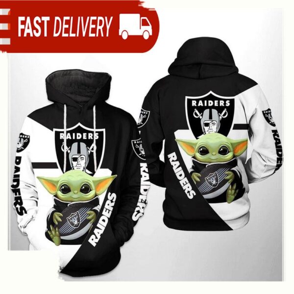 NFL Oakland Raiders Baby Yoda Team All Over Print Unisex Hoodie - available at - rugbyfanstore.com