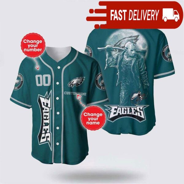 NFL Philadelphia Eagles Jason Voorhees Custom Name Baseball Jersey 3D Horror Shirt - available at - rugbyfanstore.com