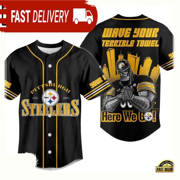 NFL Pittsburgh Steelers Wave Your Terrible Towel Here We Go Custom Name Baseball Jersey - available at - rugbyfanstore.com