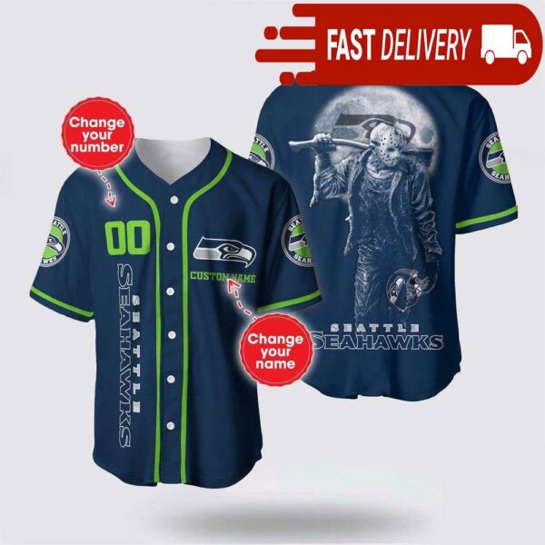 NFL Seattle Seahawks Jason Voorhees Custom Name Baseball Jersey 3D Horror Shirt - available at - rugbyfanstore.com