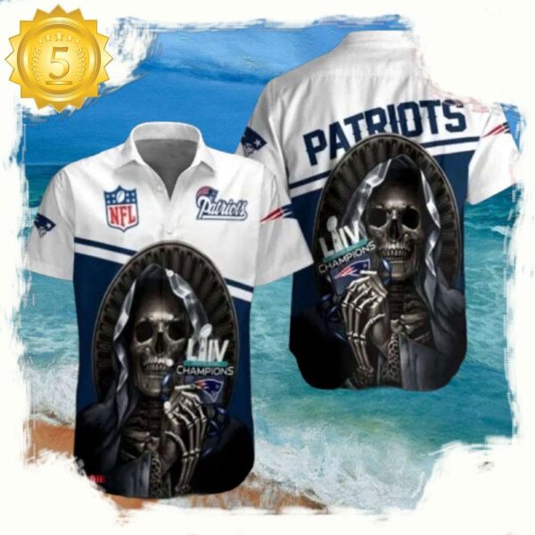 NFL Skull Helmet Champions New England Patriots Super Bowl LIV Tribute Hawaiian Shirt - available at - rugbyfanstore.com