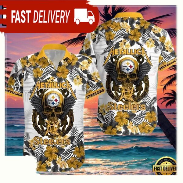 NFL Steelers Hawaiian Button Up Shirt Metallica Skull And Flower - available at - rugbyfanstore.com