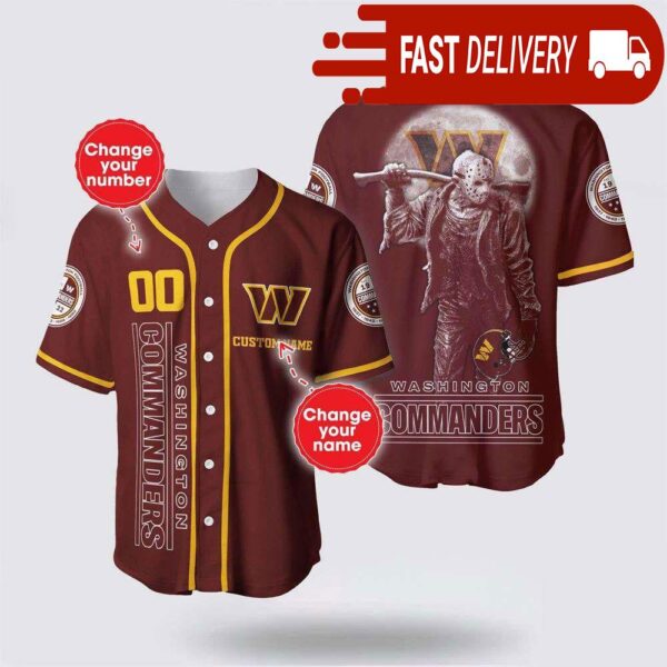 NFL Washington Commanders Jason Voorhees Custom Name Baseball Jersey 3D Horror Shirt - available at - rugbyfanstore.com