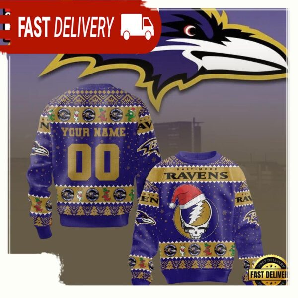 Personalized Baltimore Ravens NFL Grateful Dead Christmas Ugly Sweater - available at - rugbyfanstore.com