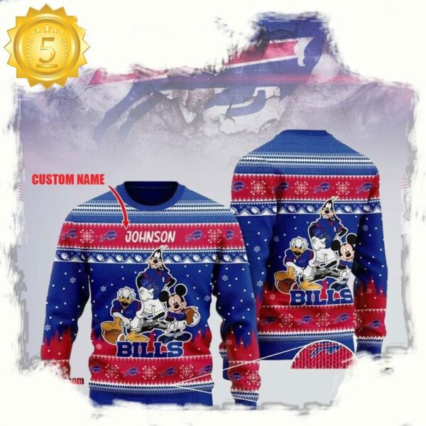 Personalized Buffalo Bills Disney Donald Duck Mickey Mouse Goofy Ugly Christmas Sweater - available at - rugbyfanstore.com