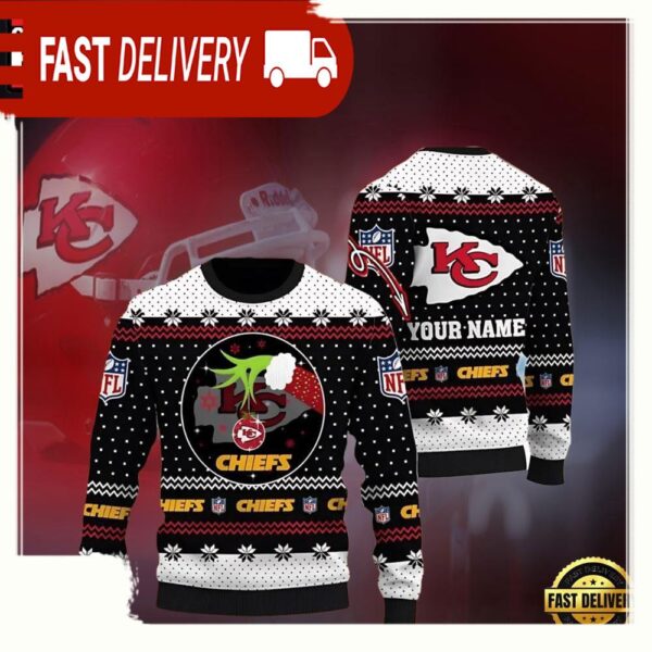 Personalized Name Kansas City Chiefs Grinch NFL Ugly Christmas Sweater - available at - rugbyfanstore.com