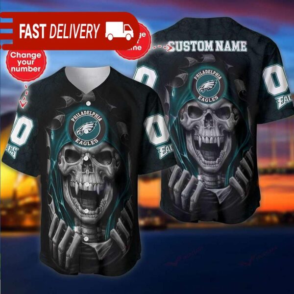 Philadelphia Eagles Custom NFL Jersey Skull Personalized Baseball Jersey - available at - rugbyfanstore.com