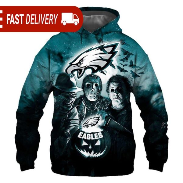 Philadelphia Eagles Horror Night Freddy Jason Michael Myers Hoodie Halloween NFL Gifts - available at - rugbyfanstore.com