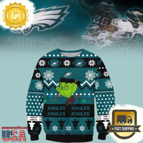 Philadelphia Eagles NFL Grinch Cunningly Smile Christmas Ugly Sweater - available at - rugbyfanstore.com