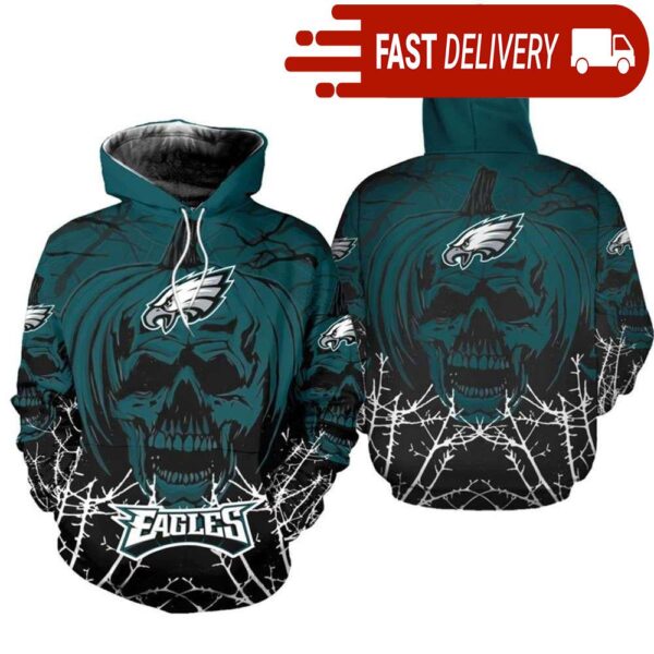 Philadelphia Eagles Pumpkin Skull 3D Halloween Hoodie Best NFL Gifts for Fans - available at - rugbyfanstore.com