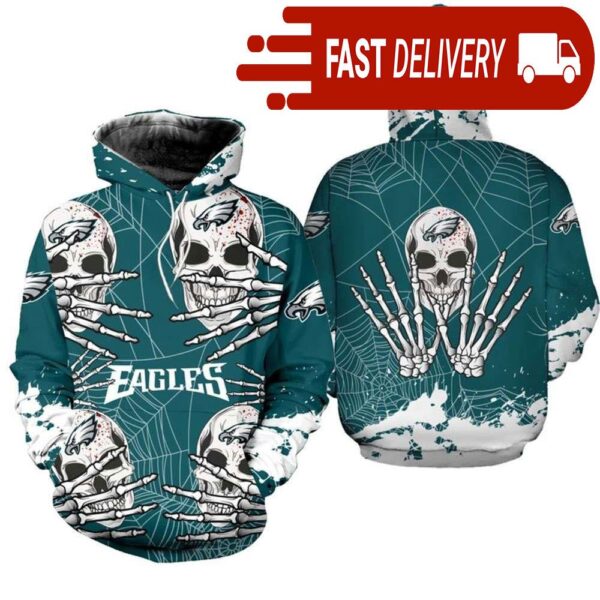 Philadelphia Eagles Skull 3D Hoodie for Halloween Best NFL Gifts for Fans - available at - rugbyfanstore.com