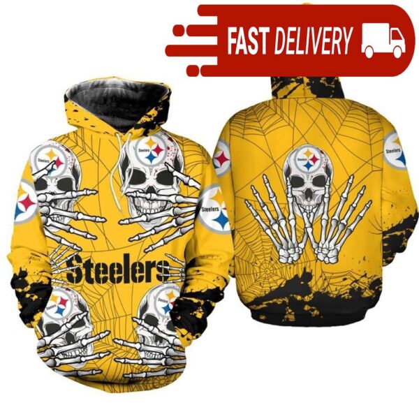 Pittsburgh Steelers Skull 3D Hoodie for Halloween Best NFL Gifts for Fans - available at - rugbyfanstore.com