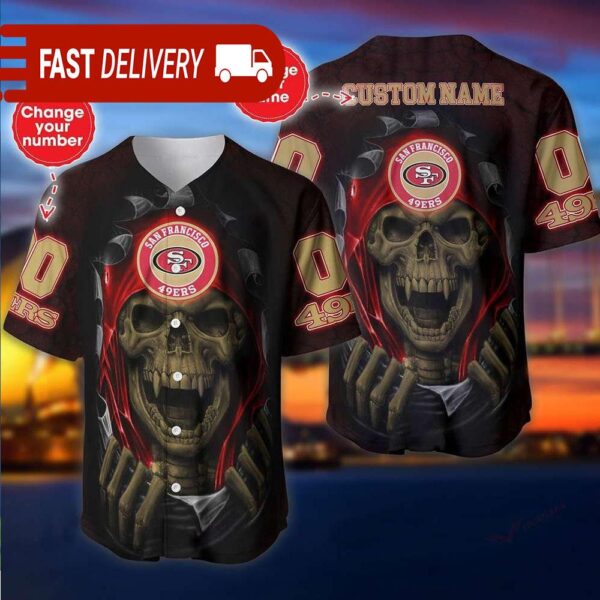 San Francisco 49ers Custom NFL Jersey Skull Personalized Baseball Jersey - available at - rugbyfanstore.com