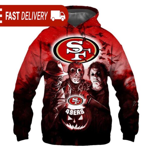 San Francisco 49ers Horror Night Freddy Jason Michael Myers Hoodie Halloween NFL Gifts - available at - rugbyfanstore.com